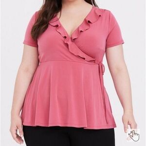 Torrid Studio Knit Surplice Ruffle Wrap Top Rose Color